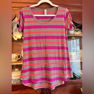 Lularoe Gray Purple And Coral Striped Scoop Neck Short Sleeve Tee Small